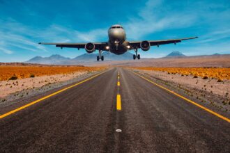L'Art du Prompt de Voyage aeroplane, nature, fly, flying, landing, transport, highway, road, sky, artwork, brown sky, brown road, brown plane, brown airplane